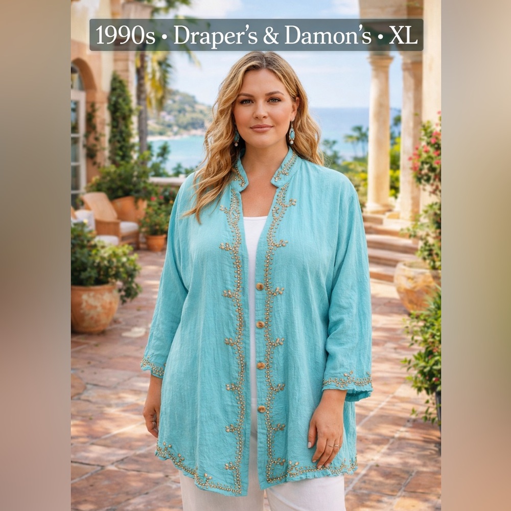 Vintage 1990s Draper’s & Damon’s XL Beaded Turquoise Boho Resort Tunic Top
